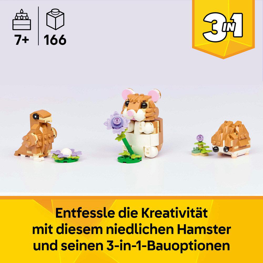 Drei LEGO-Tierfiguren: Hamster, Eichhörnchen und Igel mit Blumen.