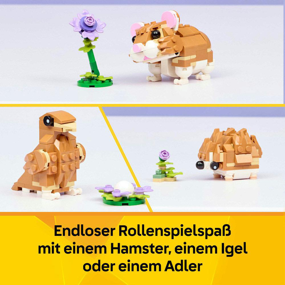 Lego Hamster, Adler und Igel mit Blumen und einem Nest. Spielzeugaufbau.