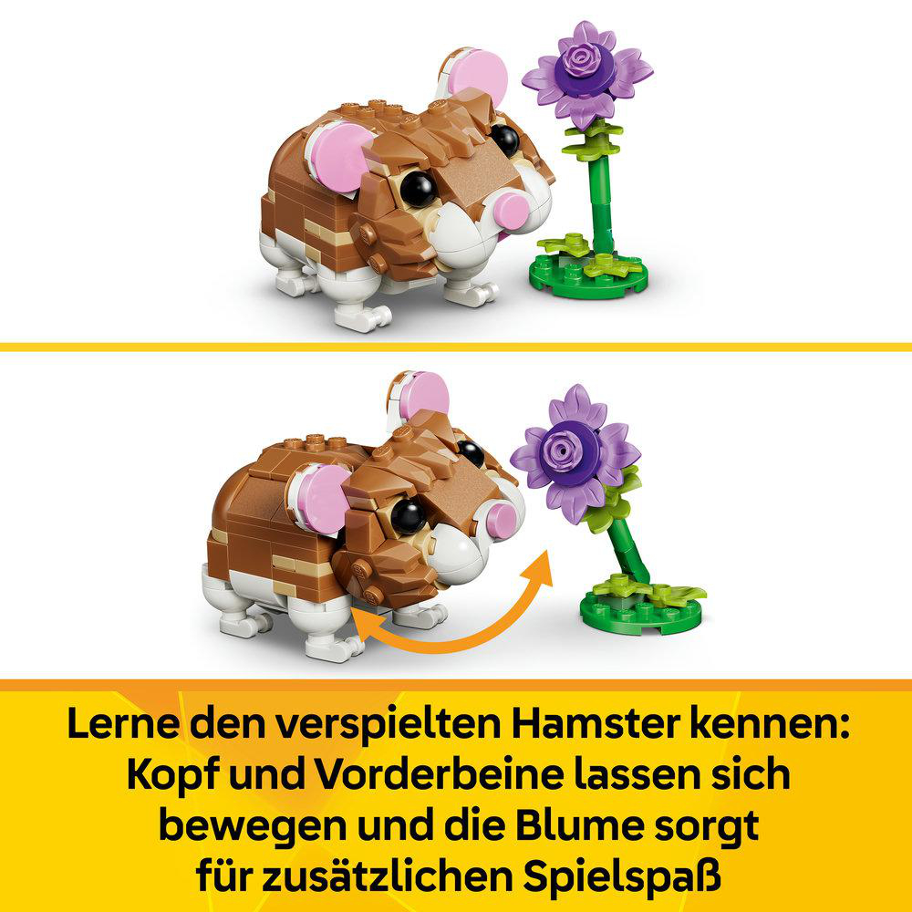 Ein Lego-Hamster mit beweglichem Kopf und Vorderbeinen neben einer Blume.