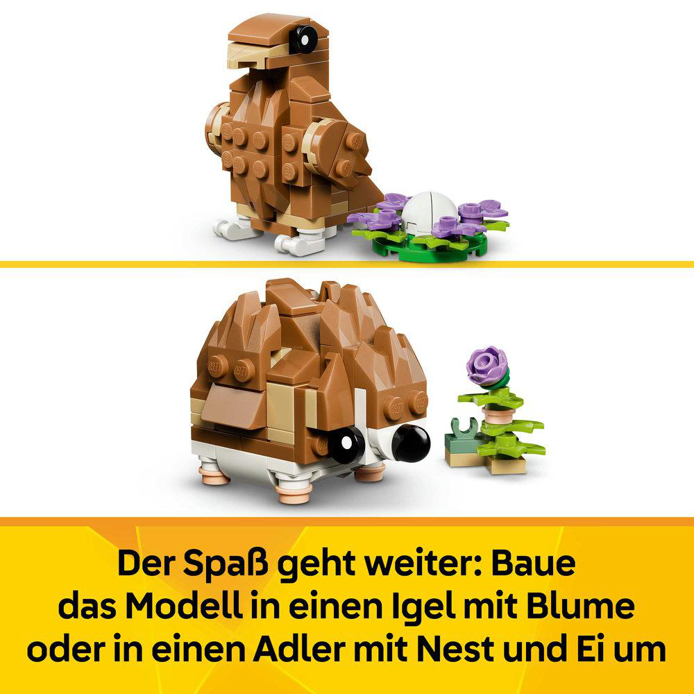 Zwei Lego-Modelle: ein Igel und ein Adler mit Nest und Ei.