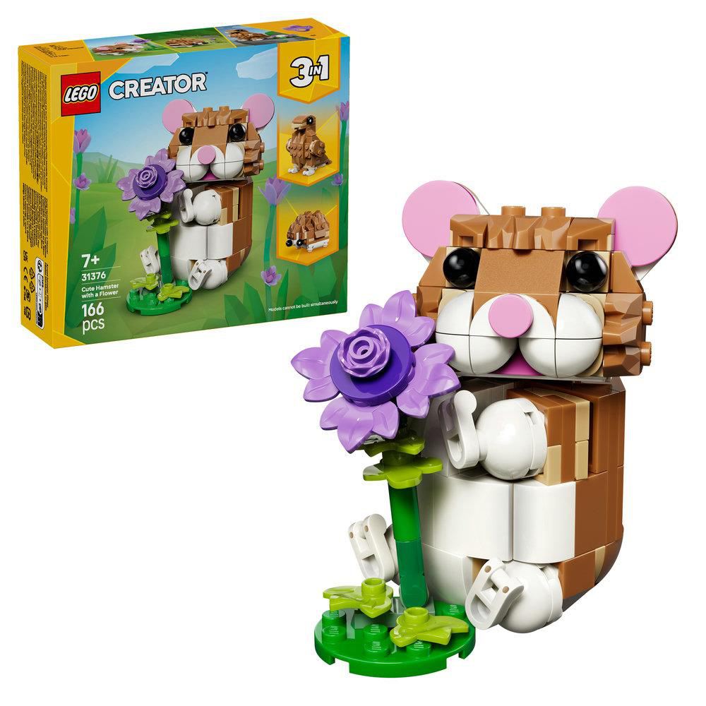 Ein Lego-Bausatz zeigt einen Hamster mit einer Blume, daneben die Verpackung.