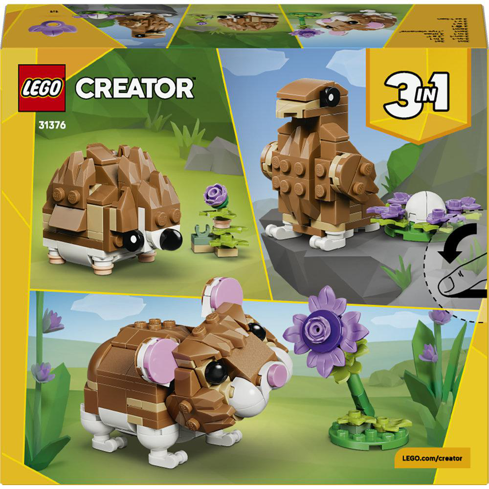 LEGO Creator Set mit einem Igel, Vogel und Hamster aus braunen und weißen Bausteinen.
