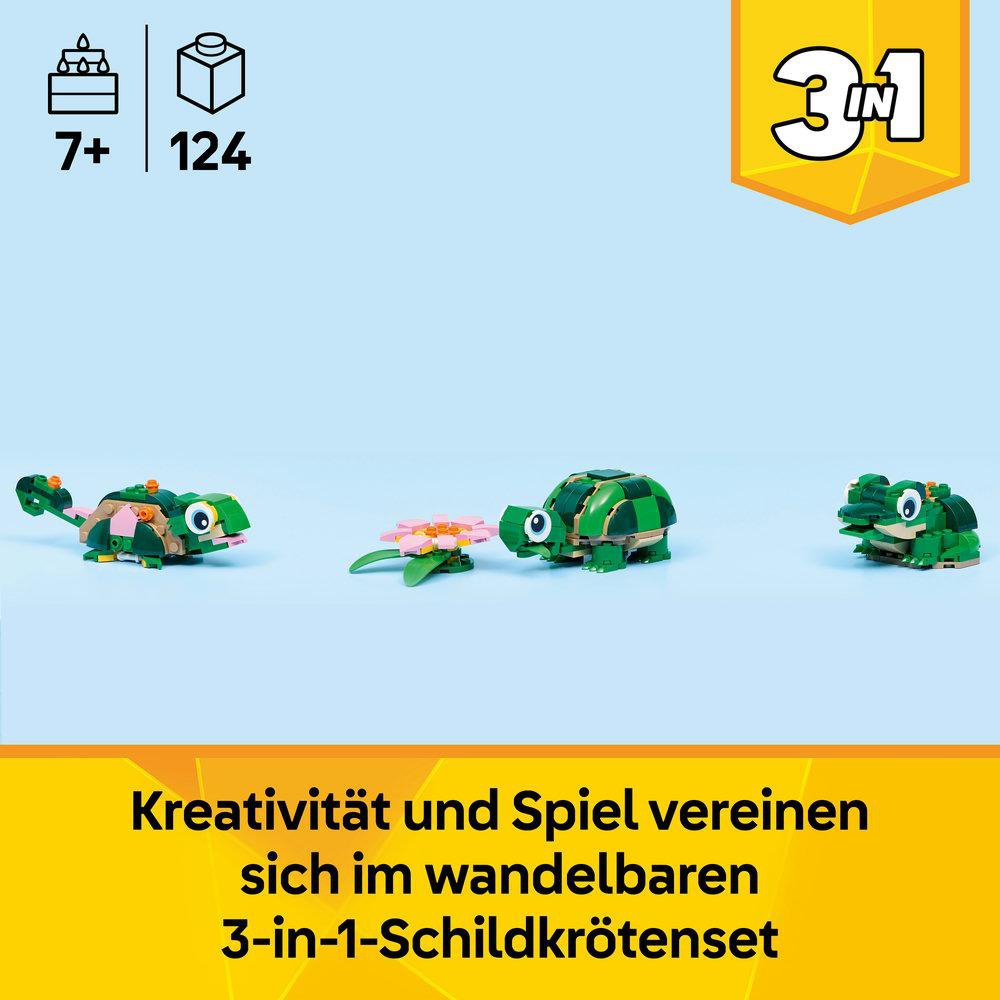 Drei LEGO-Tiere: eine Eidechse, eine Schildkröte, ein Frosch, mit Blumen.