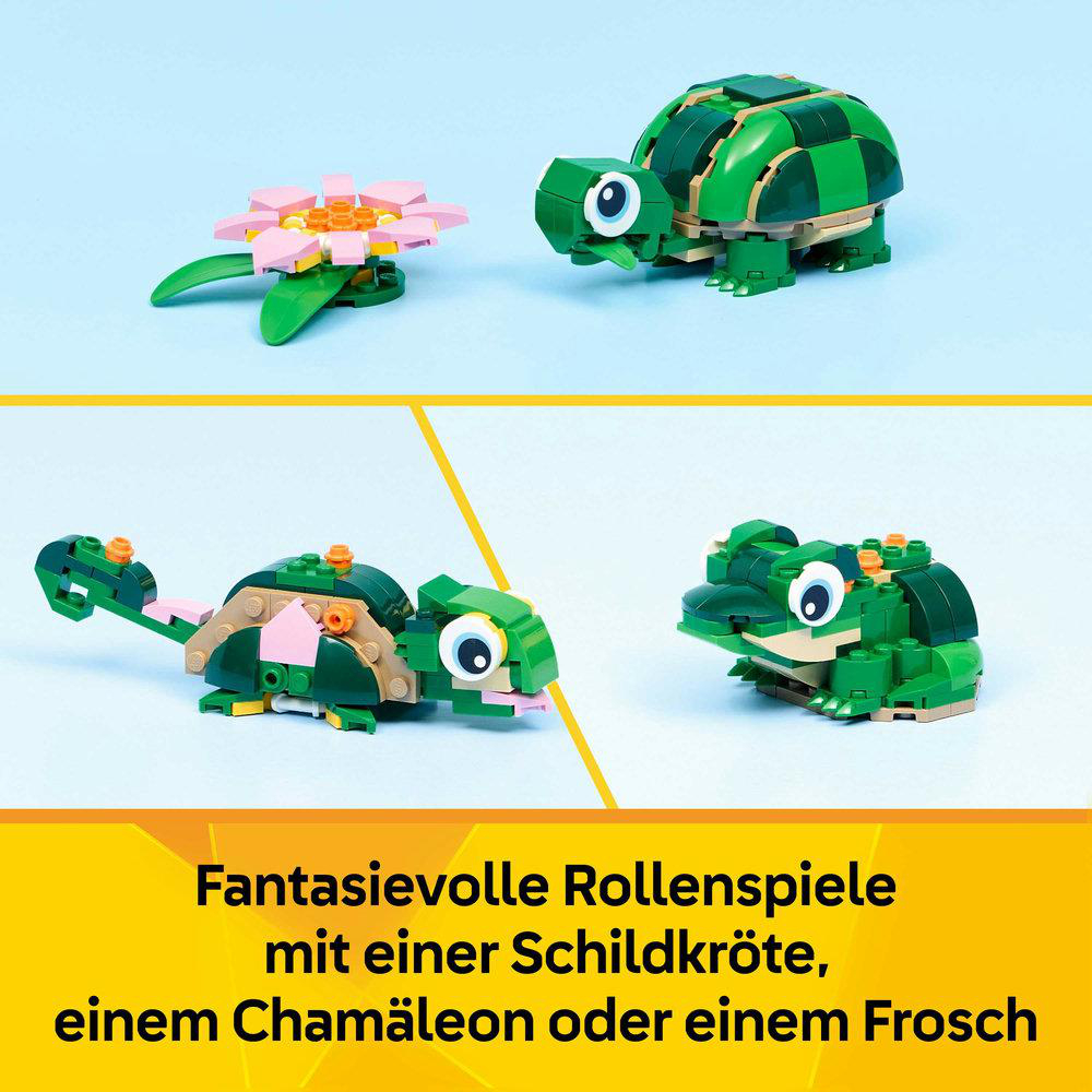 Bunte Lego-Figuren: eine Schildkröte, ein Chamäleon und ein Frosch.