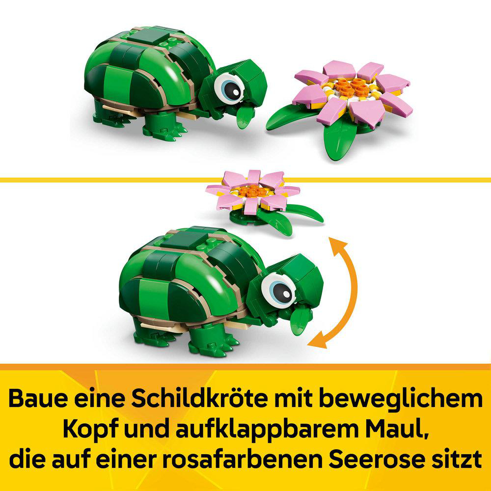 Grüne Lego-Schildkröte mit beweglichem Kopf auf rosa Seerose.