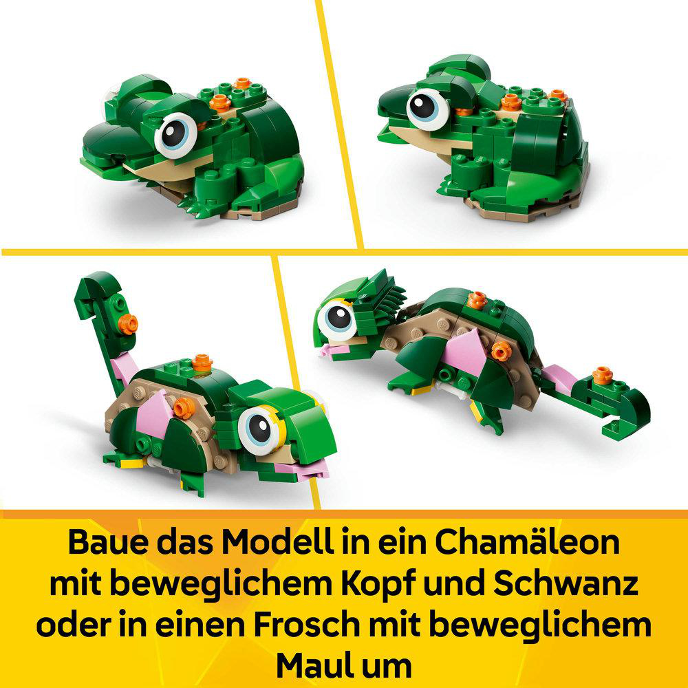 Grüne LEGO Chamäleon und Frosch Modelle mit beweglichen Teilen.
