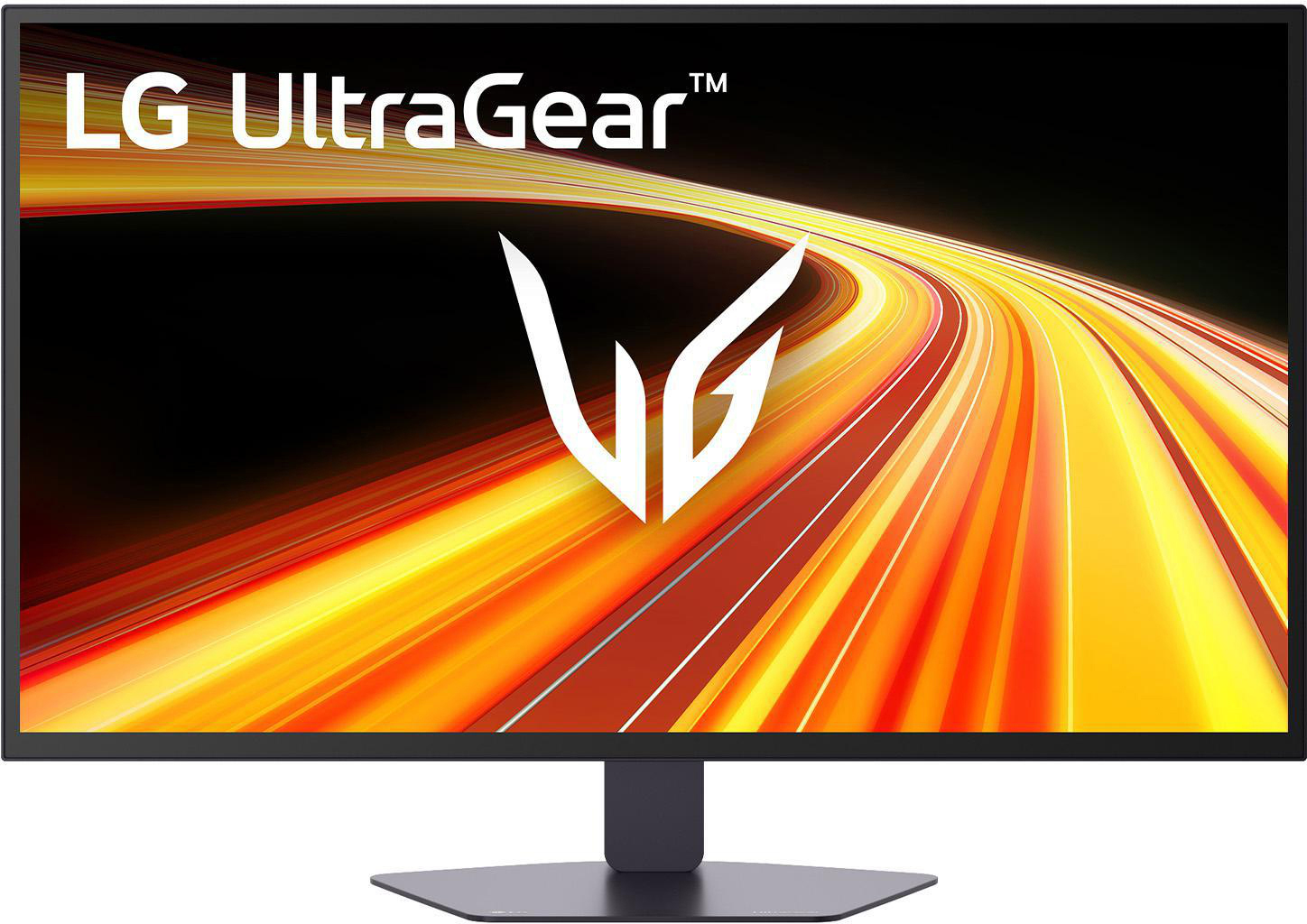 Ein LG UltraGear Monitor mit einem stilisierten weißen 'VG'-Logo vor einem leuchtend gelben und orangen Hintergrund.