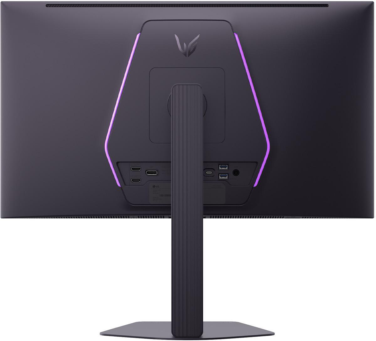Rückansicht eines schwarzen Monitors mit lila LED-Akzenten und Anschlüssen.