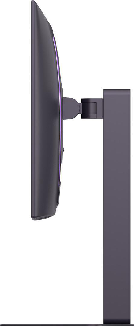 Ein dunkler Monitor mit einem violetten Lichtstreifen, montiert auf einem Standfuß.
