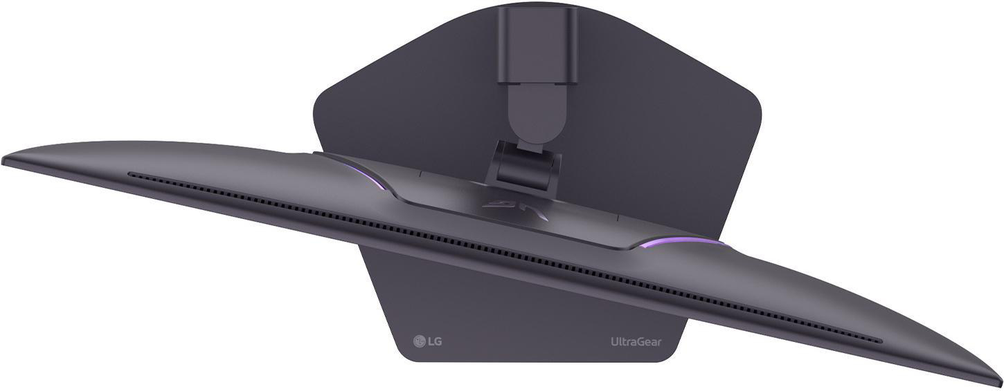 Dunkelgrauer LG UltraGear Monitor mit Ständer, von unten gesehen.