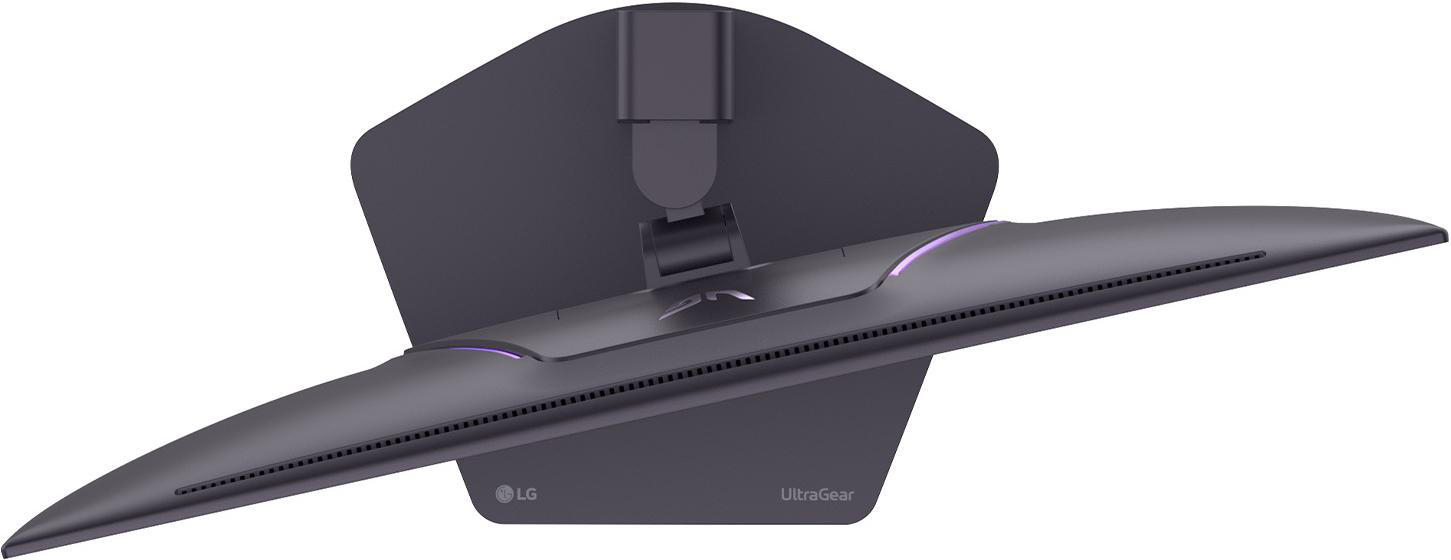Dunkelgrauer Monitorständer mit Beleuchtung und LG & UltraGear Logos.