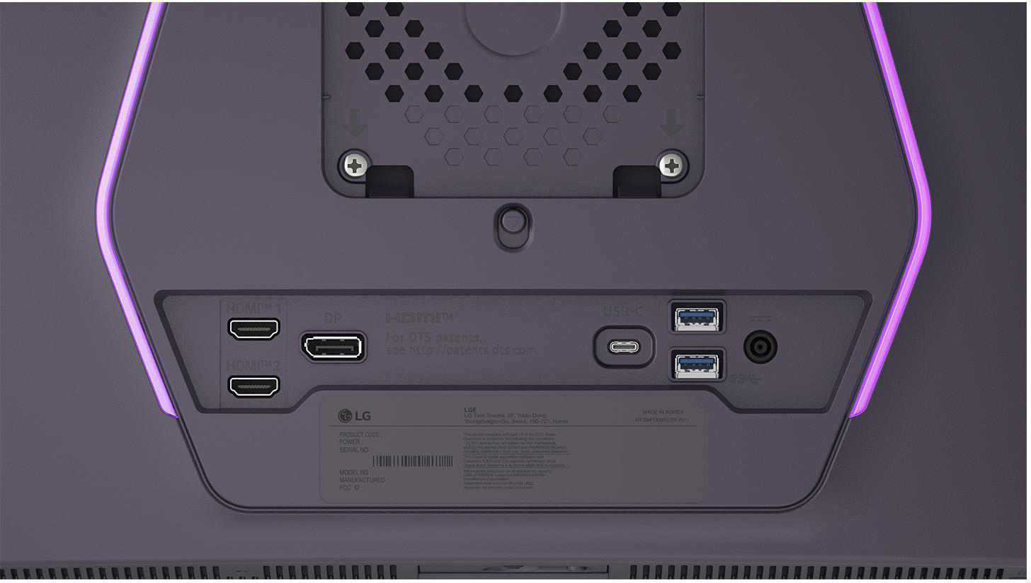Rückseite eines Monitors mit Anschlüssen: 2x HDMI, DP, USB-C, 2x USB-A.