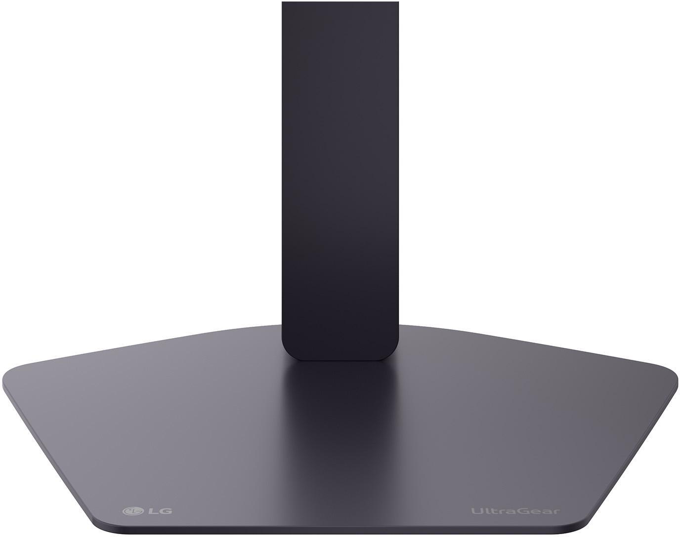 Ein dunkler Monitorständer mit LG und UltraGear Logo auf der Basis.