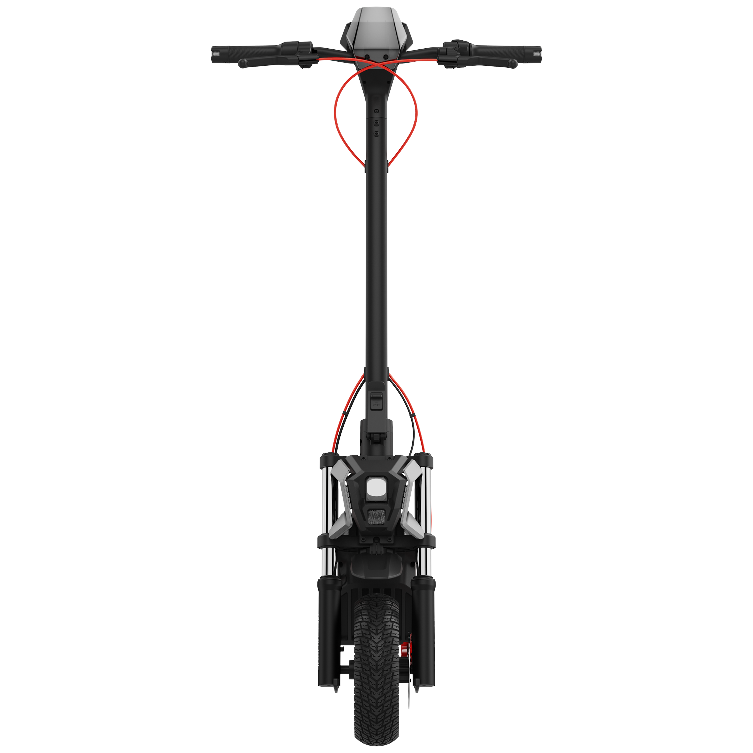 Een zwarte elektrische step met rode accenten, van voren getoond.