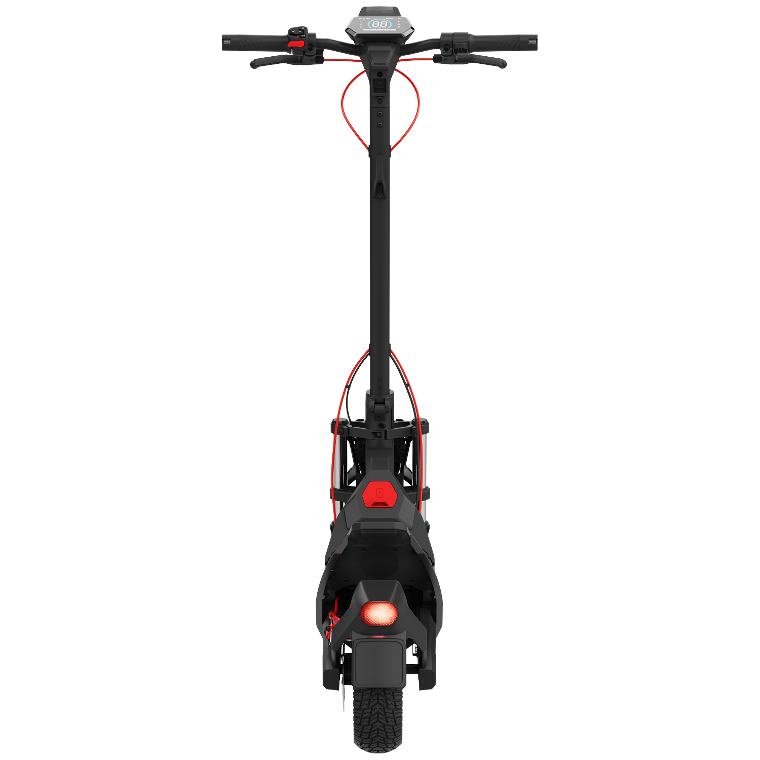 Een zwarte elektrische step met rode accenten en een display op het stuur.