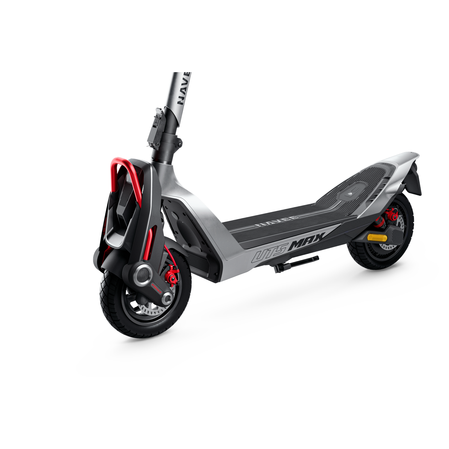 Een zilveren elektrische scooter met rode accenten staat op een witte achtergrond.