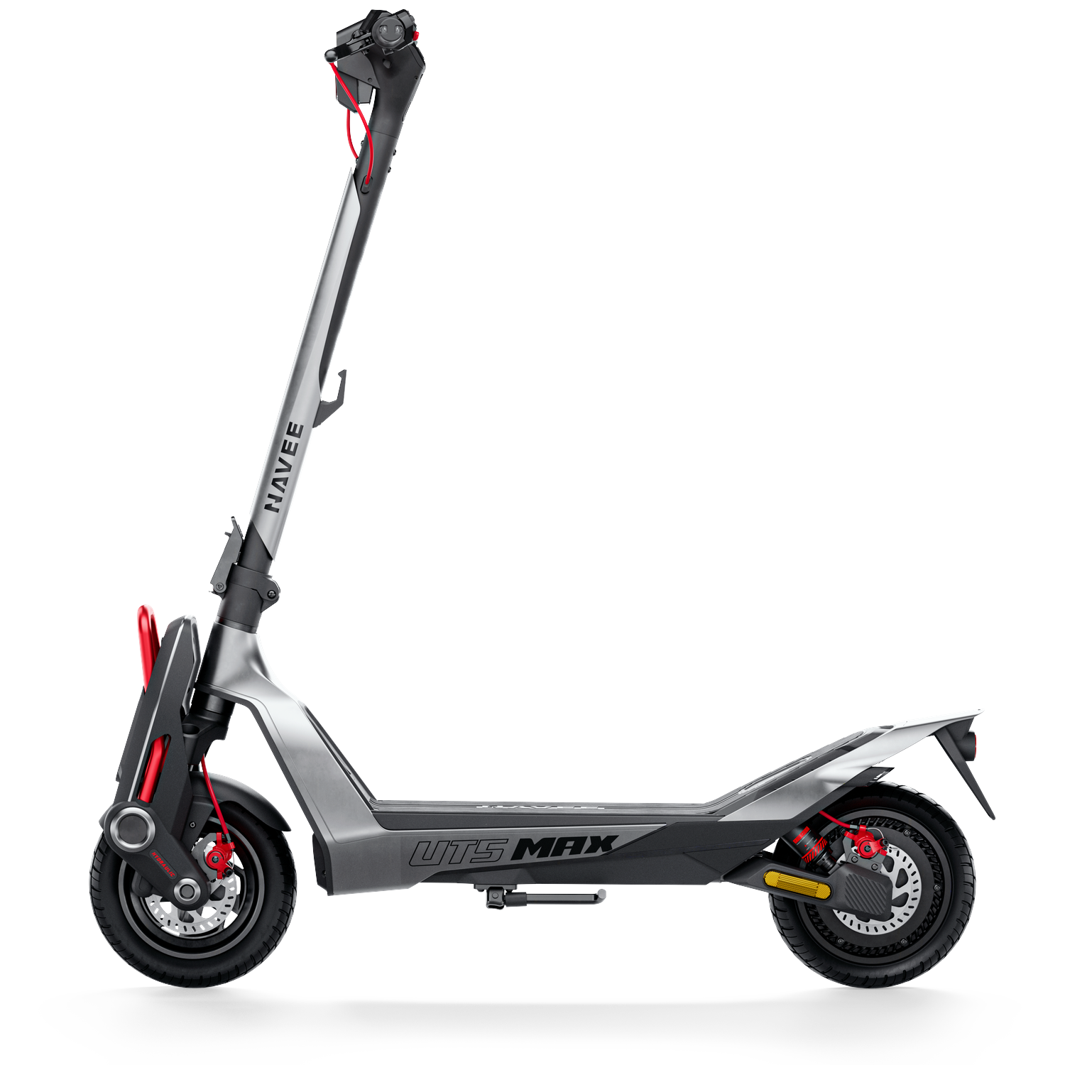 Een zilveren elektrische scooter met rode accenten staat op een witte achtergrond.