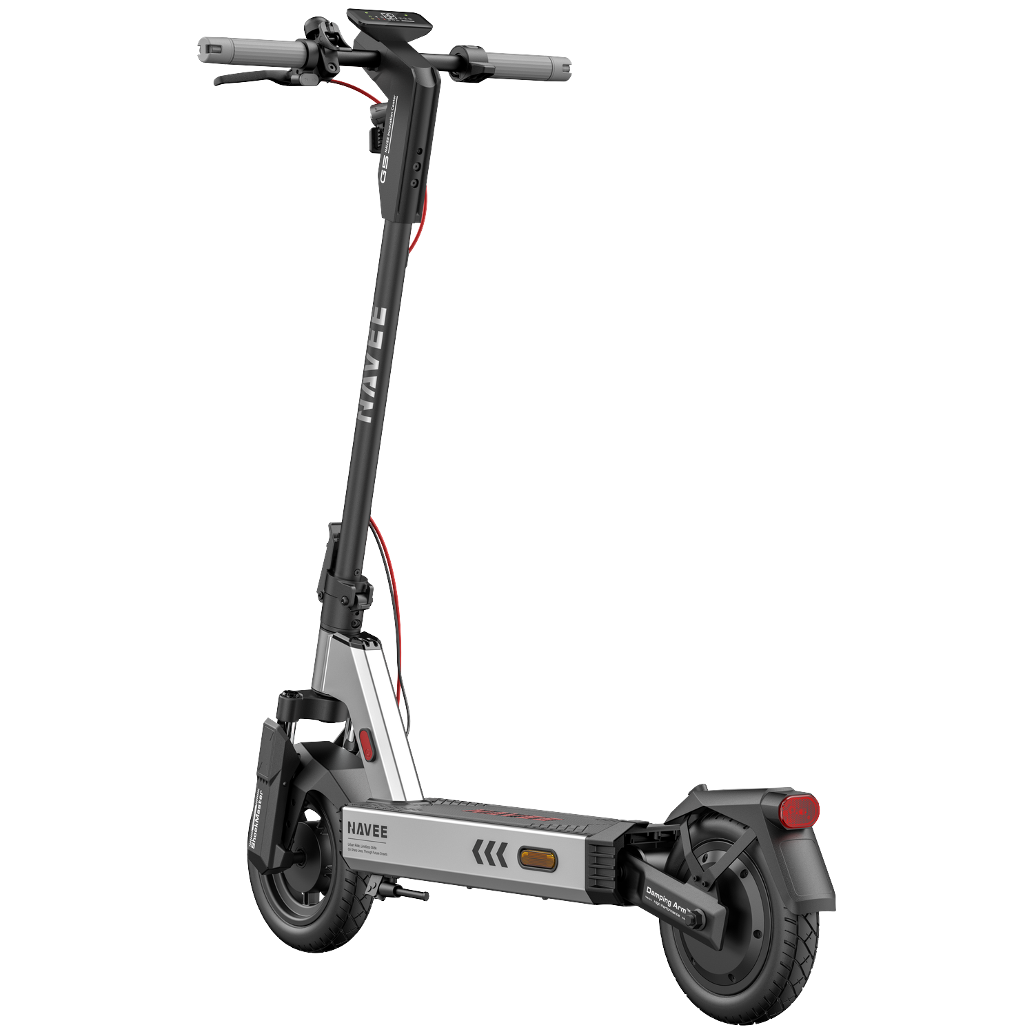 Een zilveren en zwarte elektrische step met NAVEE-logo, op witte achtergrond.