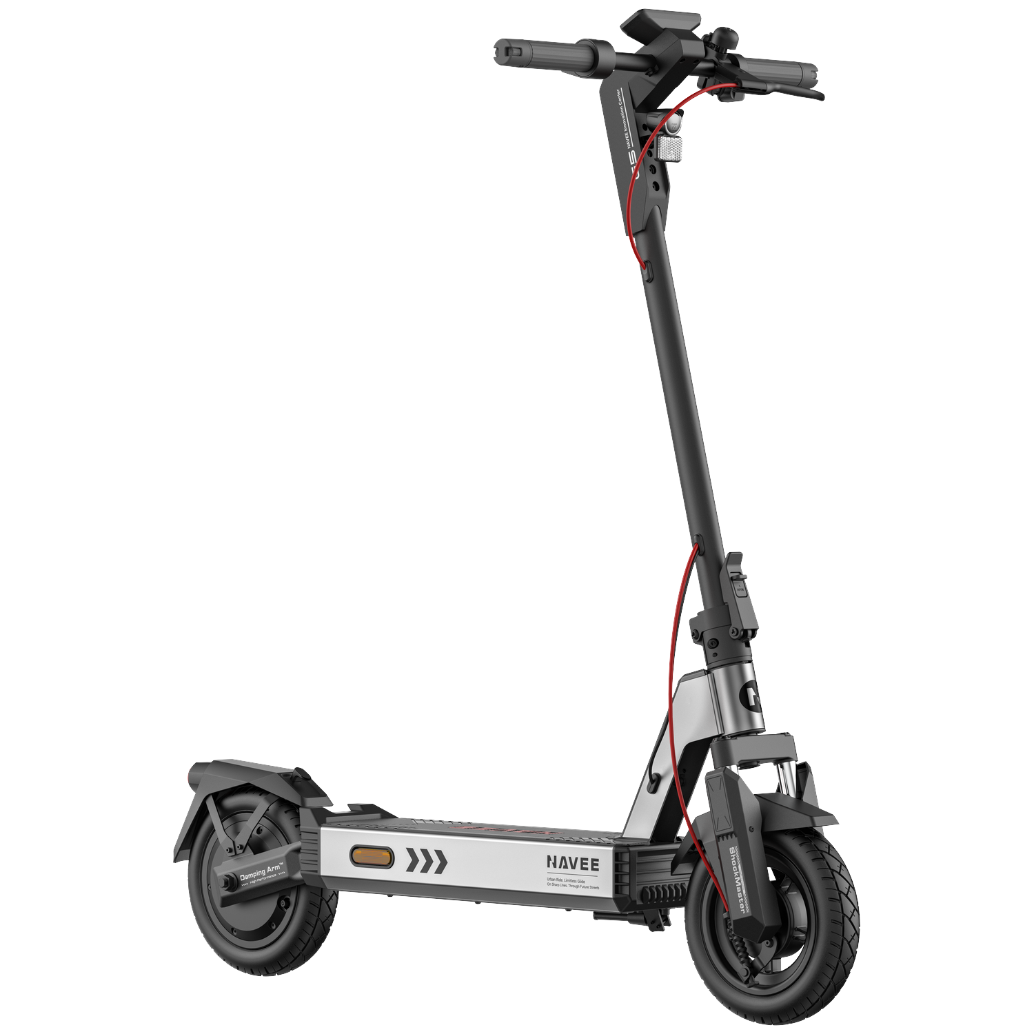 Een zwarte elektrische scooter met zilveren accenten en rode kabels.