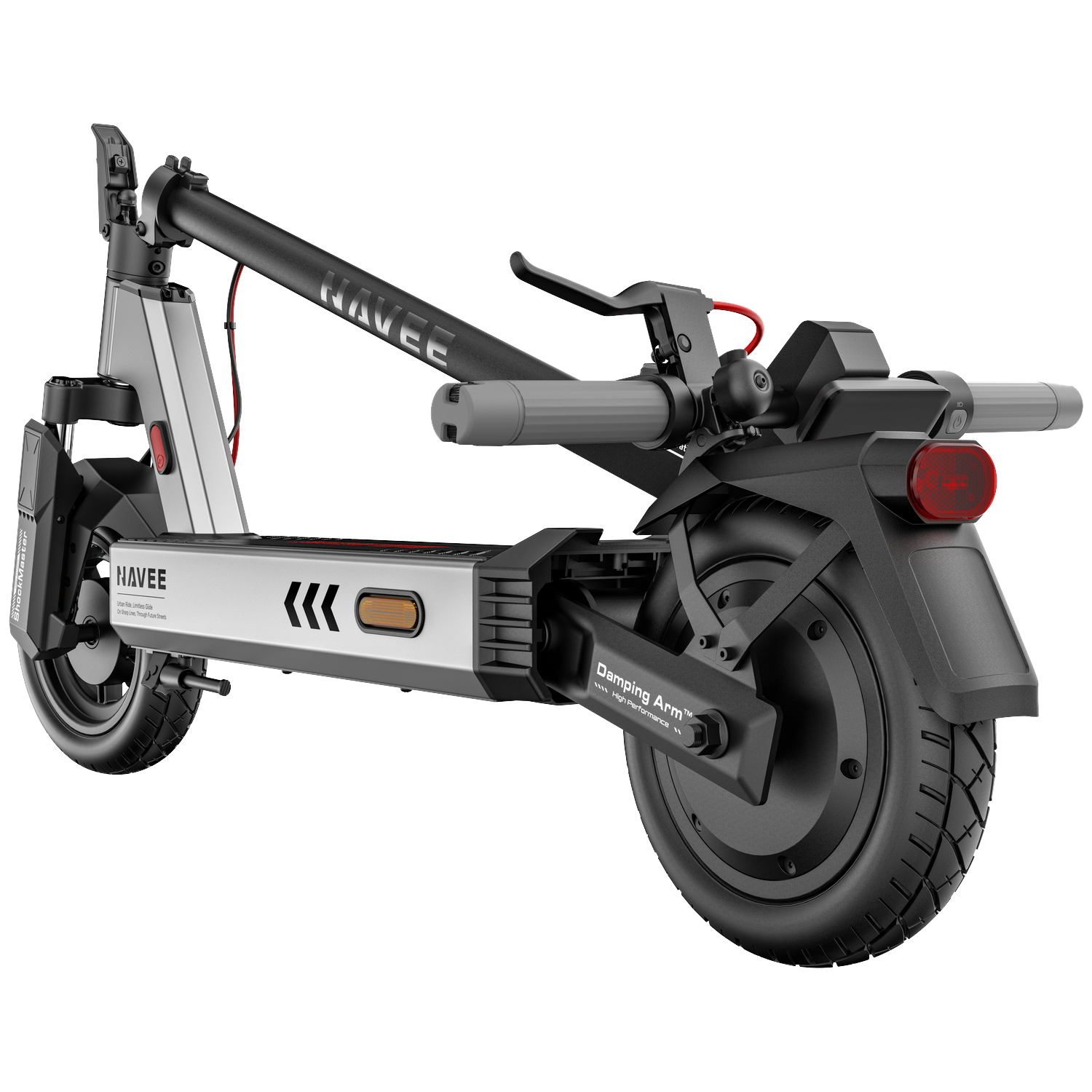 Een zilveren en zwarte elektrische scooter met NAVEE-logo en dempende arm.