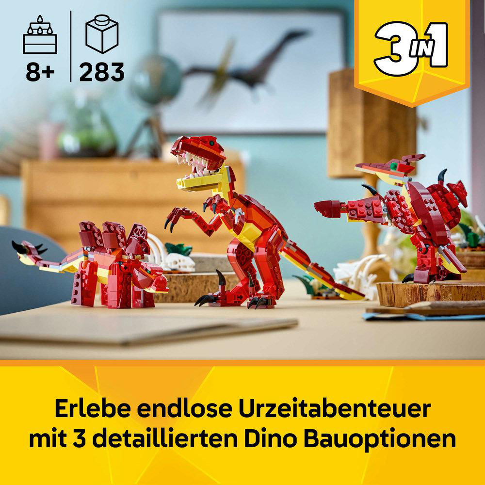 Drei detaillierte Lego-Dinosaurier-Modelle: T-Rex, Triceratops und Pterodactyl.