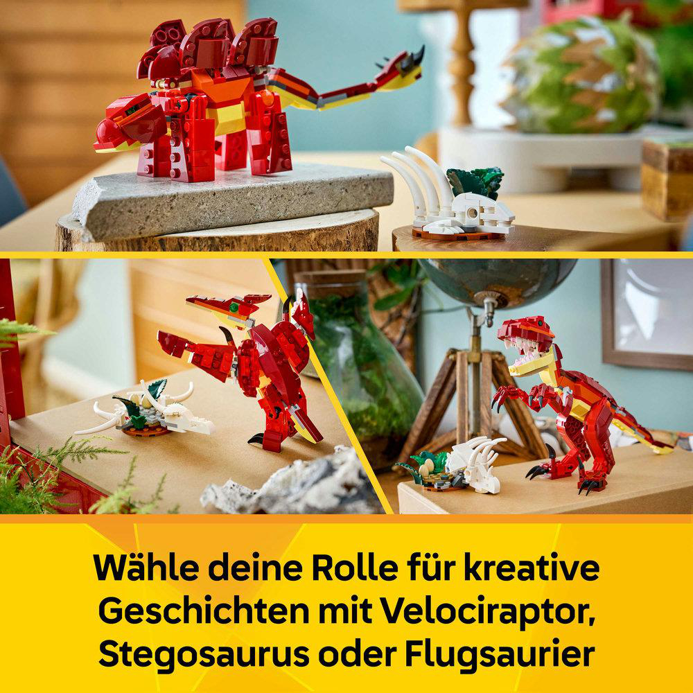 Zwei rote Lego-Dinosaurier, ein Stegosaurus und ein Velociraptor.