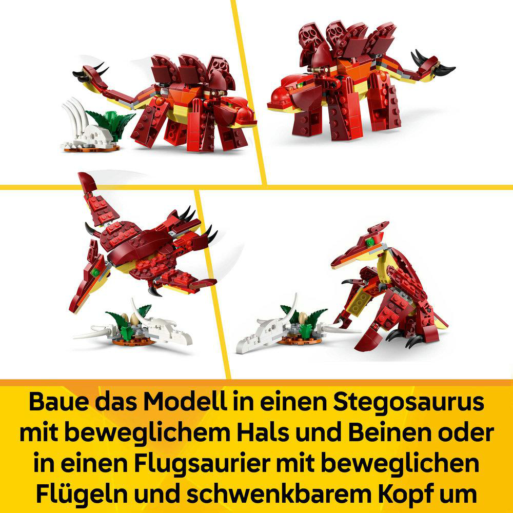Lego-Modelle eines Stegosaurus und eines Flugsauriers mit beweglichen Teilen.
