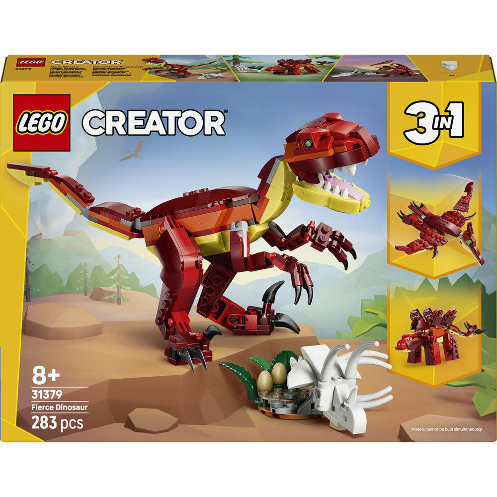 LEGO Creator Set mit einem roten Dinosaurier, drei baubaren Modellen und 283 Teilen.