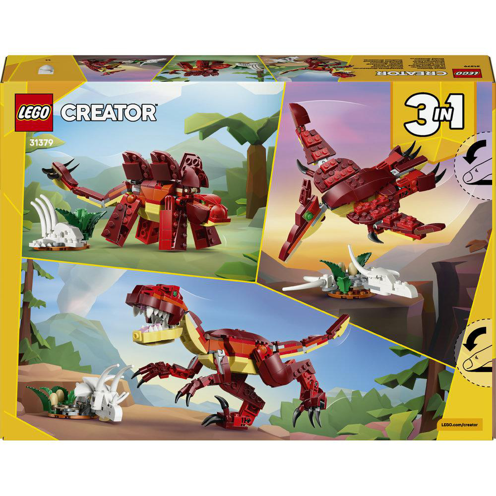 LEGO Creator Box zeigt 3 Dinosaurier-Modelle: Stegosaurus, Flugsaurier und T-Rex.