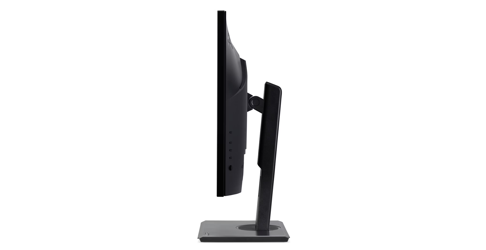 Side view of a black monitor with a silver stand, on a white background.