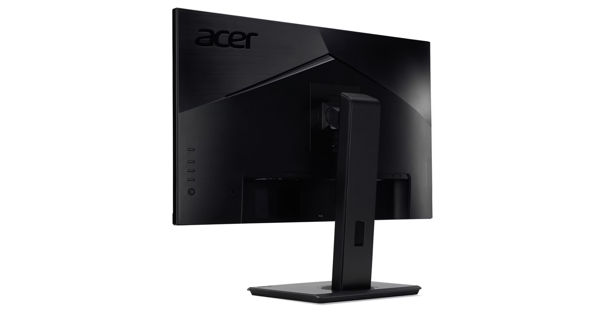 Rear view of a black Acer monitor with silver logo and stand.