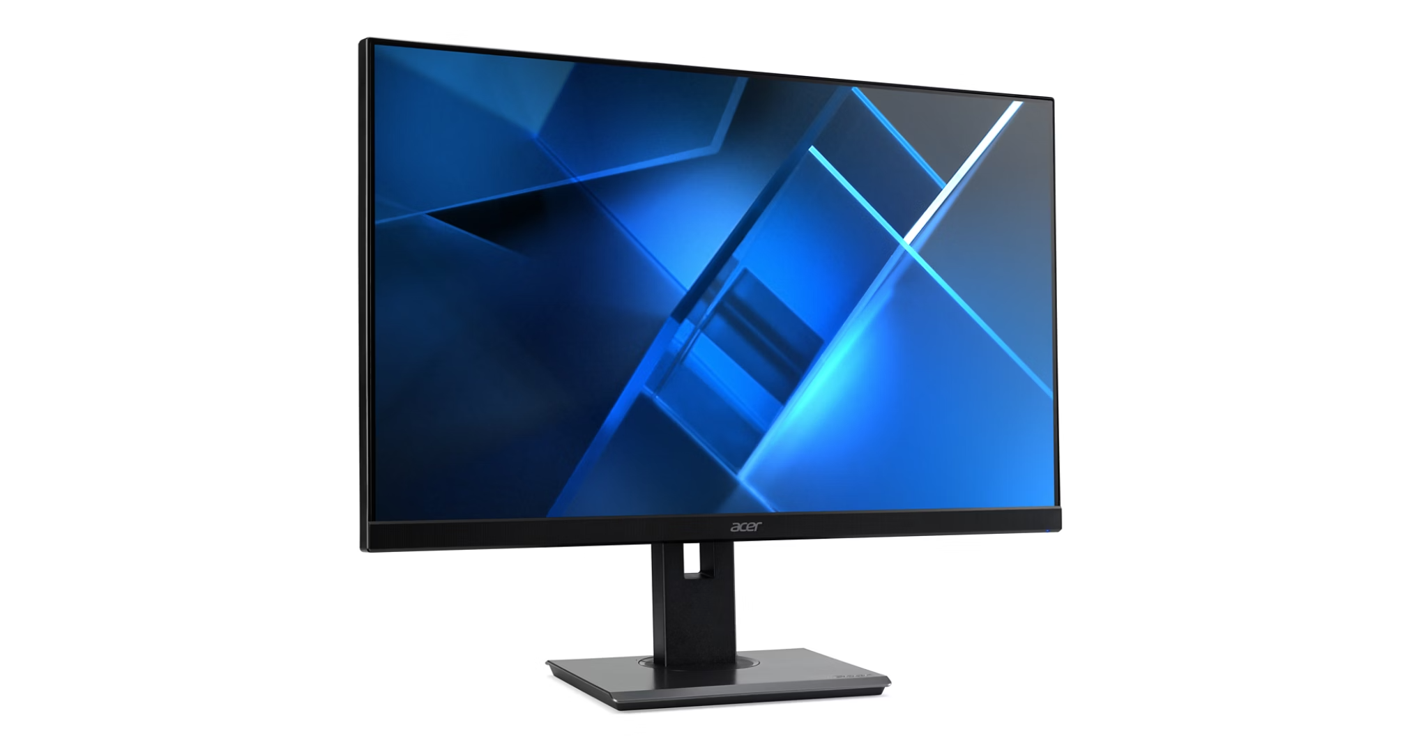 A black Acer monitor with a blue geometric background sits on a black stand.