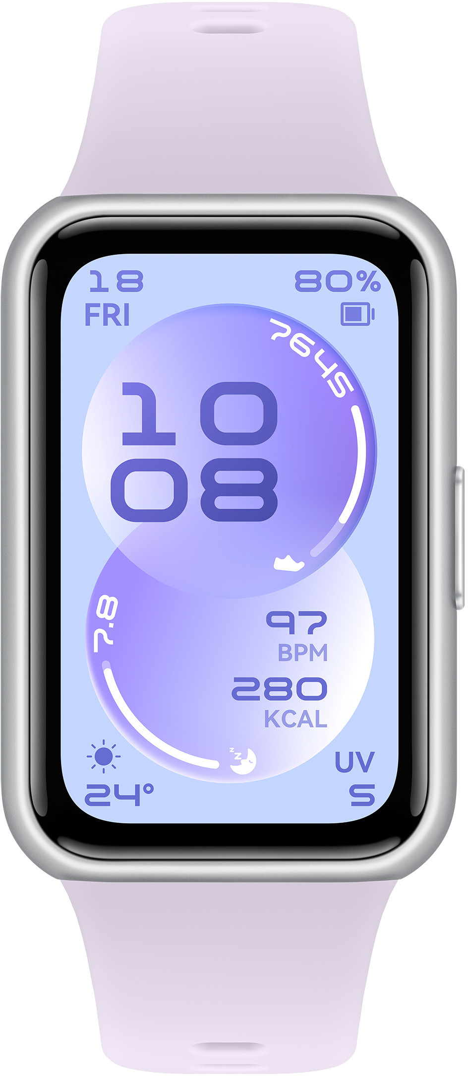 Zegarek smartwatch z lawendowym paskiem pokazuje godzinę, datę, tętno, kalorie, temp. i UV.