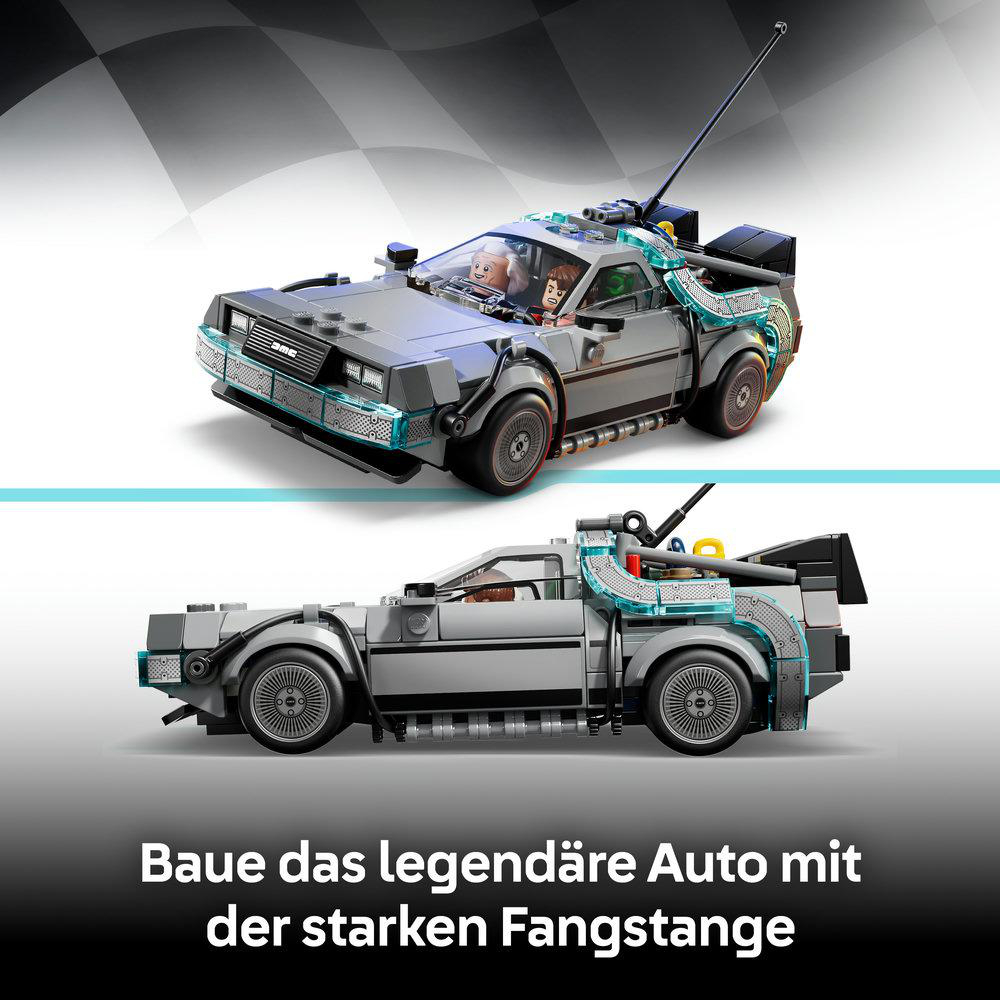 Das DeLorean-Auto aus Back to the Future mit Minifiguren und leuchtenden Teilen.