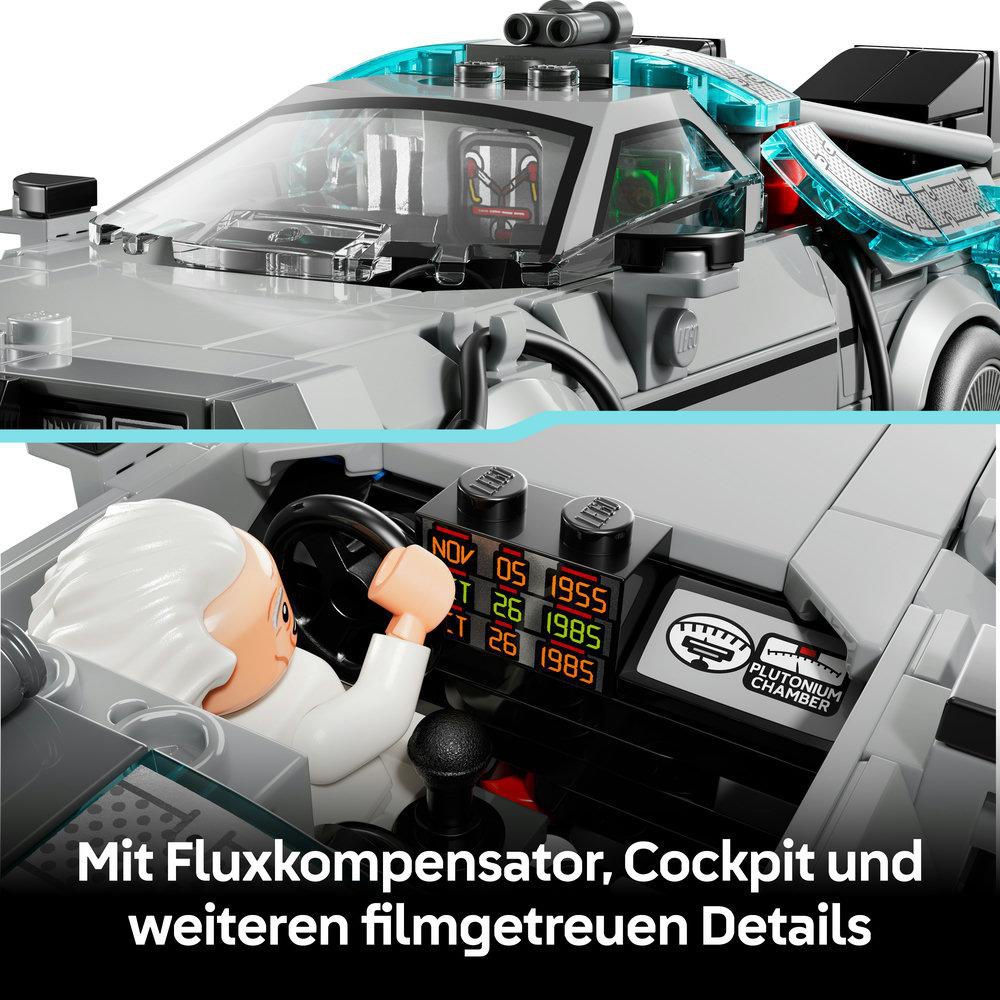 Lego-Nachbildung des DeLorean mit Zeitreise-Display und Plutoniumkammer.