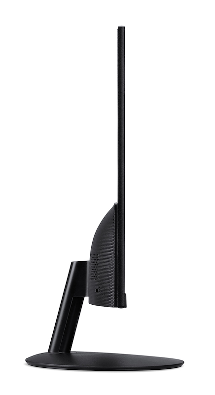 Side view of a black monitor with a thin bezel on a stand.