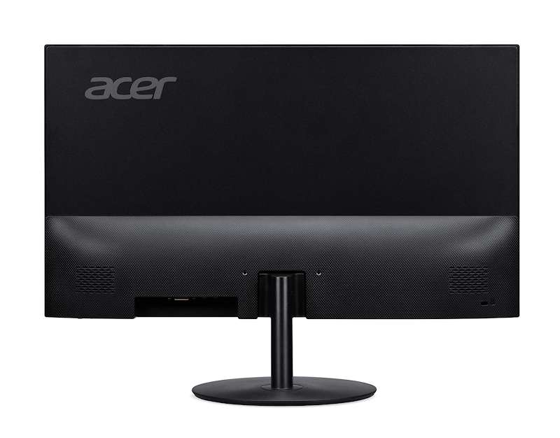 Rear view of a black Acer monitor with stand and ports.