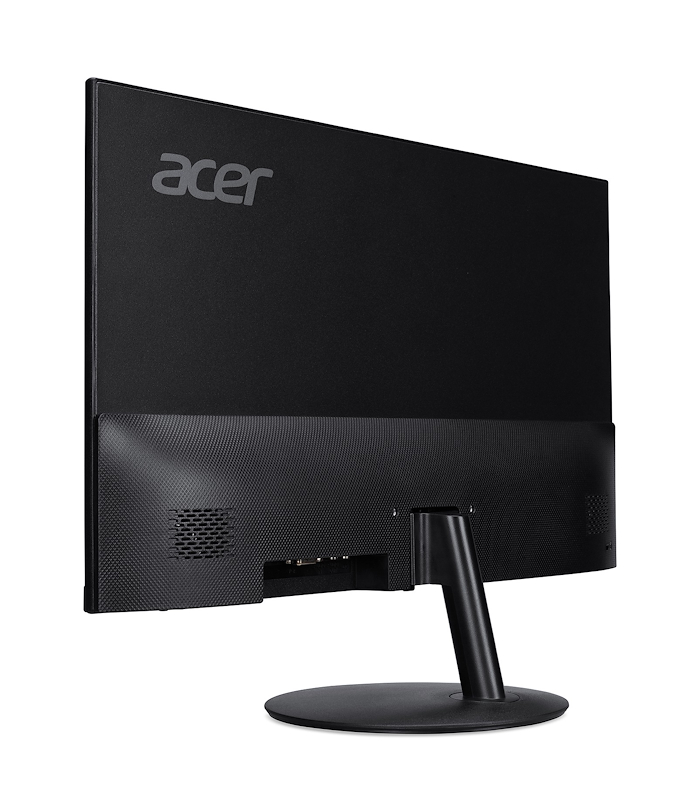 Back view of a black Acer monitor with silver logo and round base.