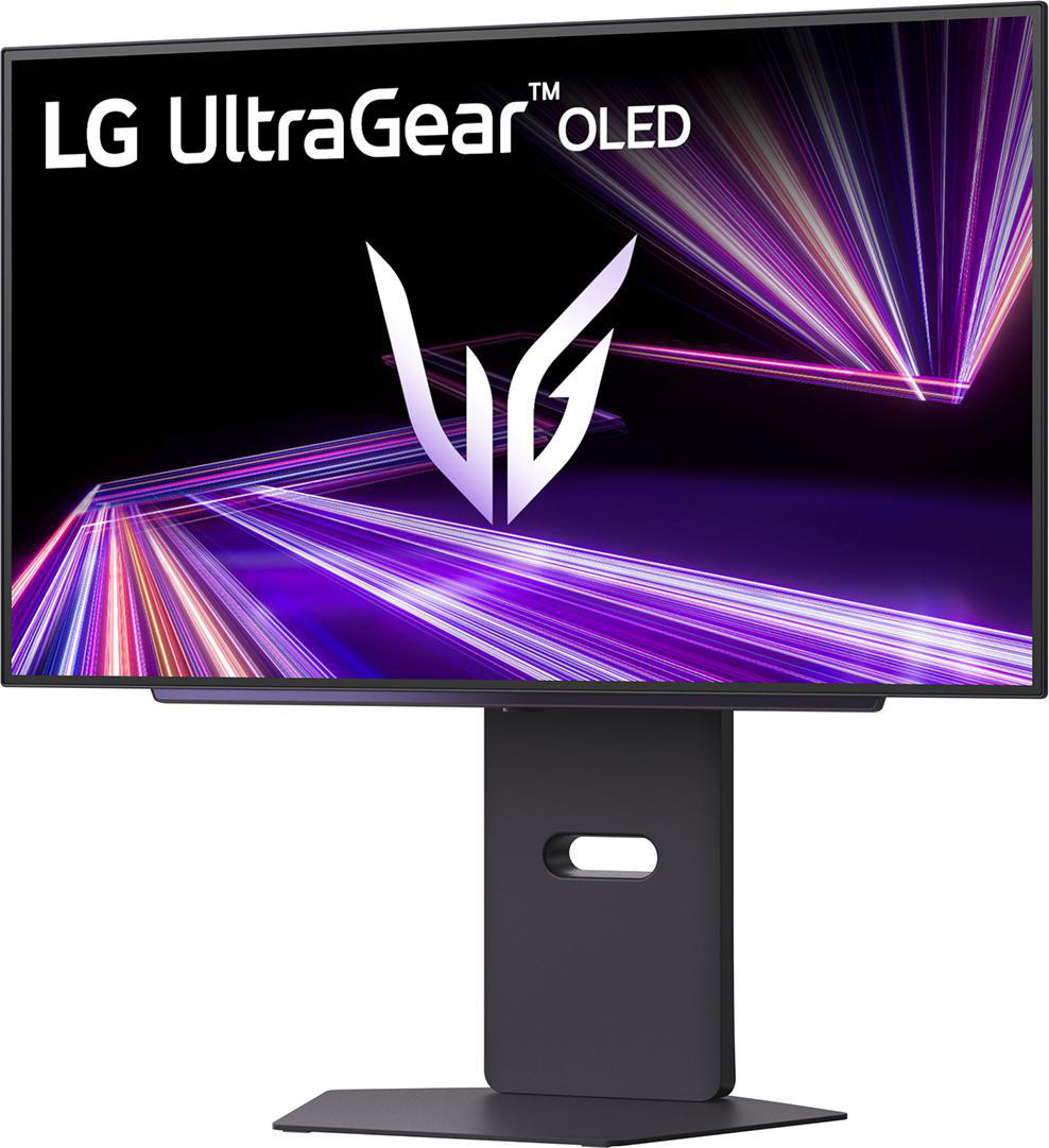 LG UltraGear OLED Monitor mit stilisiertem weißem Logo und lila Lichtstreifen-Hintergrund.
