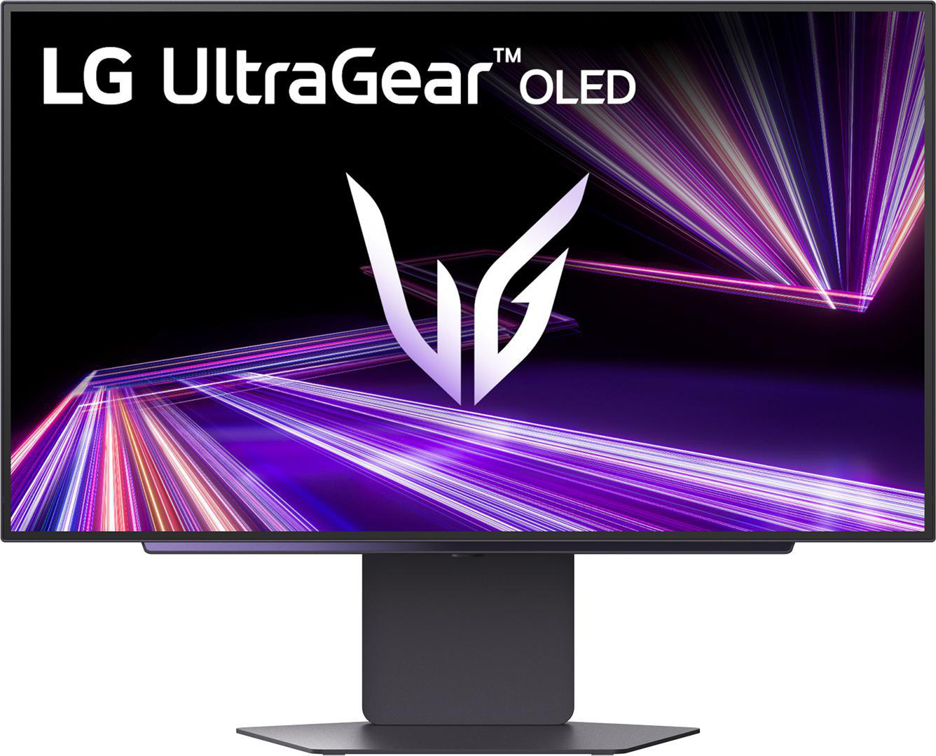 LG UltraGear OLED Monitor mit violetten und weißen Lichtstrahlen auf schwarzem Hintergrund.
