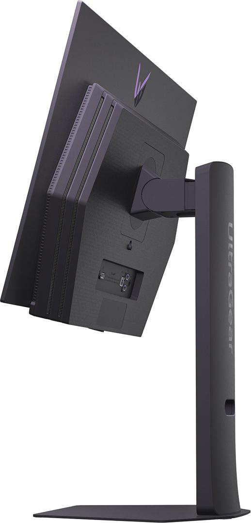 Rückseite eines schwarzen Monitors mit violettem Logo und Anschlussfeld.
