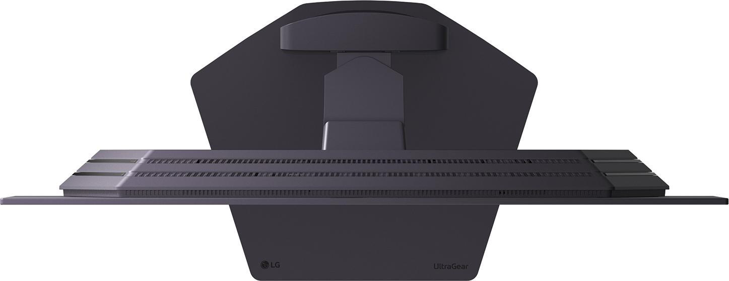 Ein dunkler Monitorständer mit Belüftungsschlitzen und dem LG UltraGear-Logo.