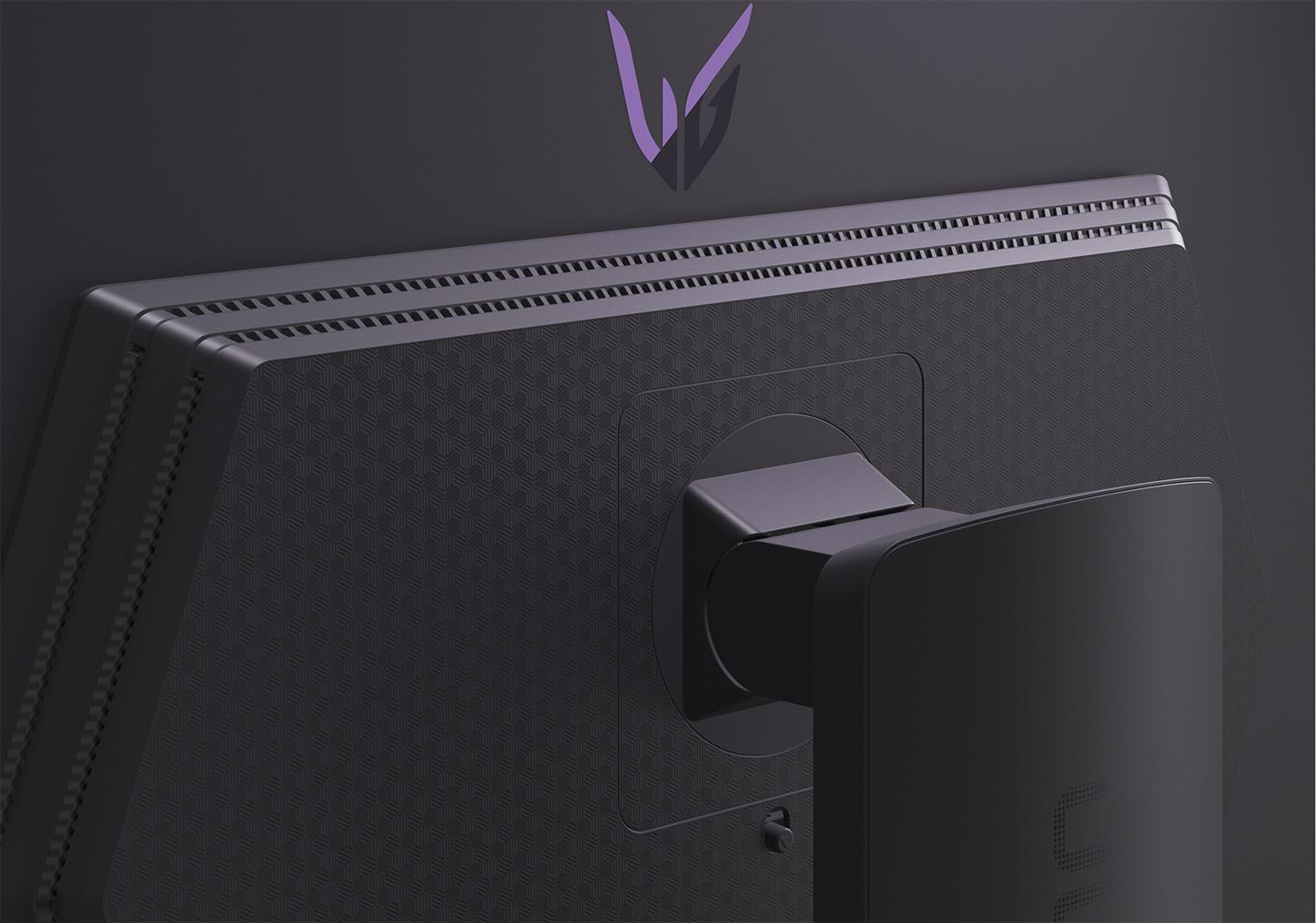 Rückseite eines schwarzen Monitors mit Lüftungsschlitzen und einem violetten Logo.
