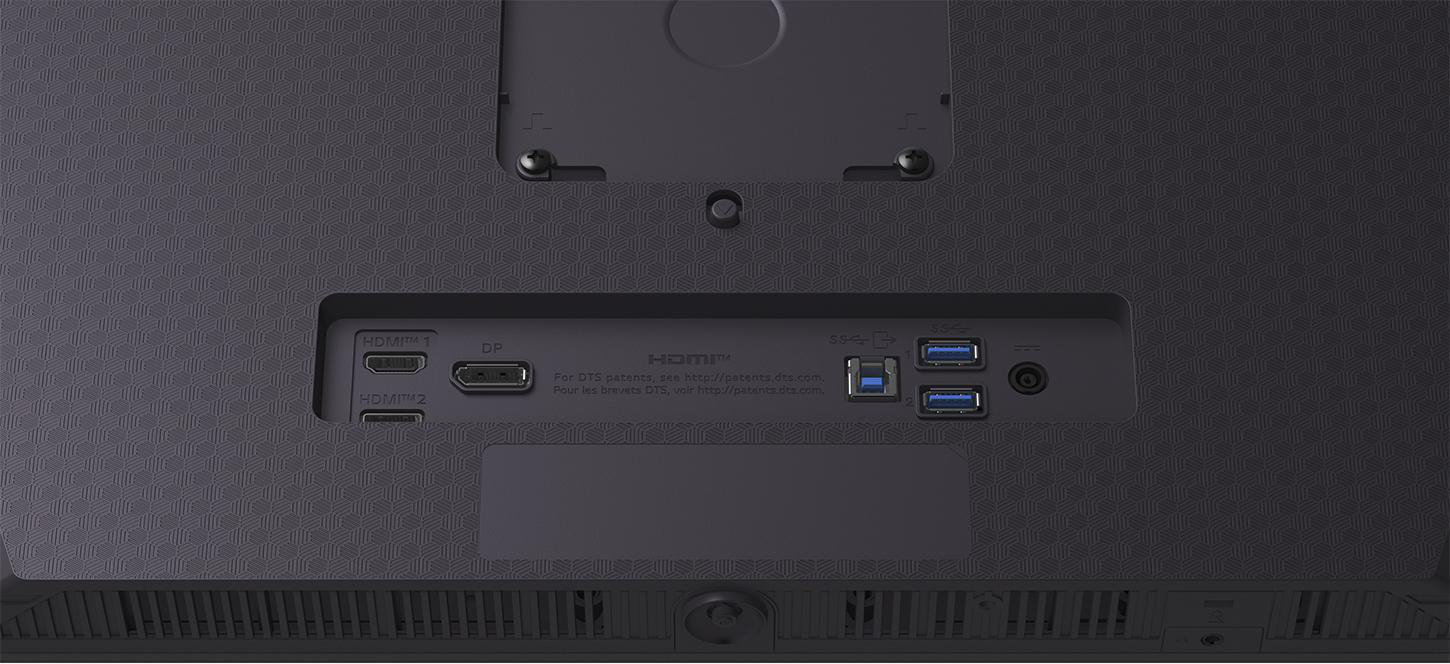 Anschlussfeld mit HDMI, DP und USB-Ports auf dunklem, texturiertem Hintergrund.