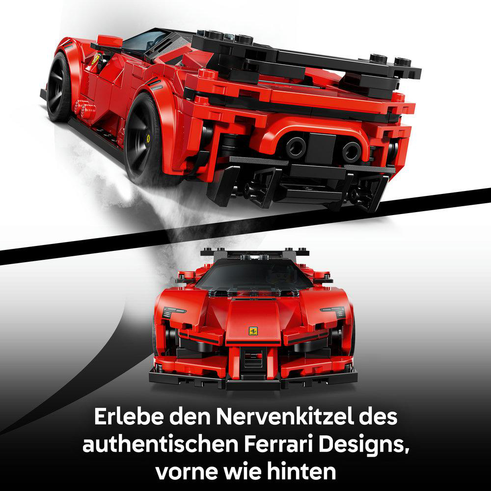 Zwei rote Lego Ferraris, vorne und hinten gezeigt.