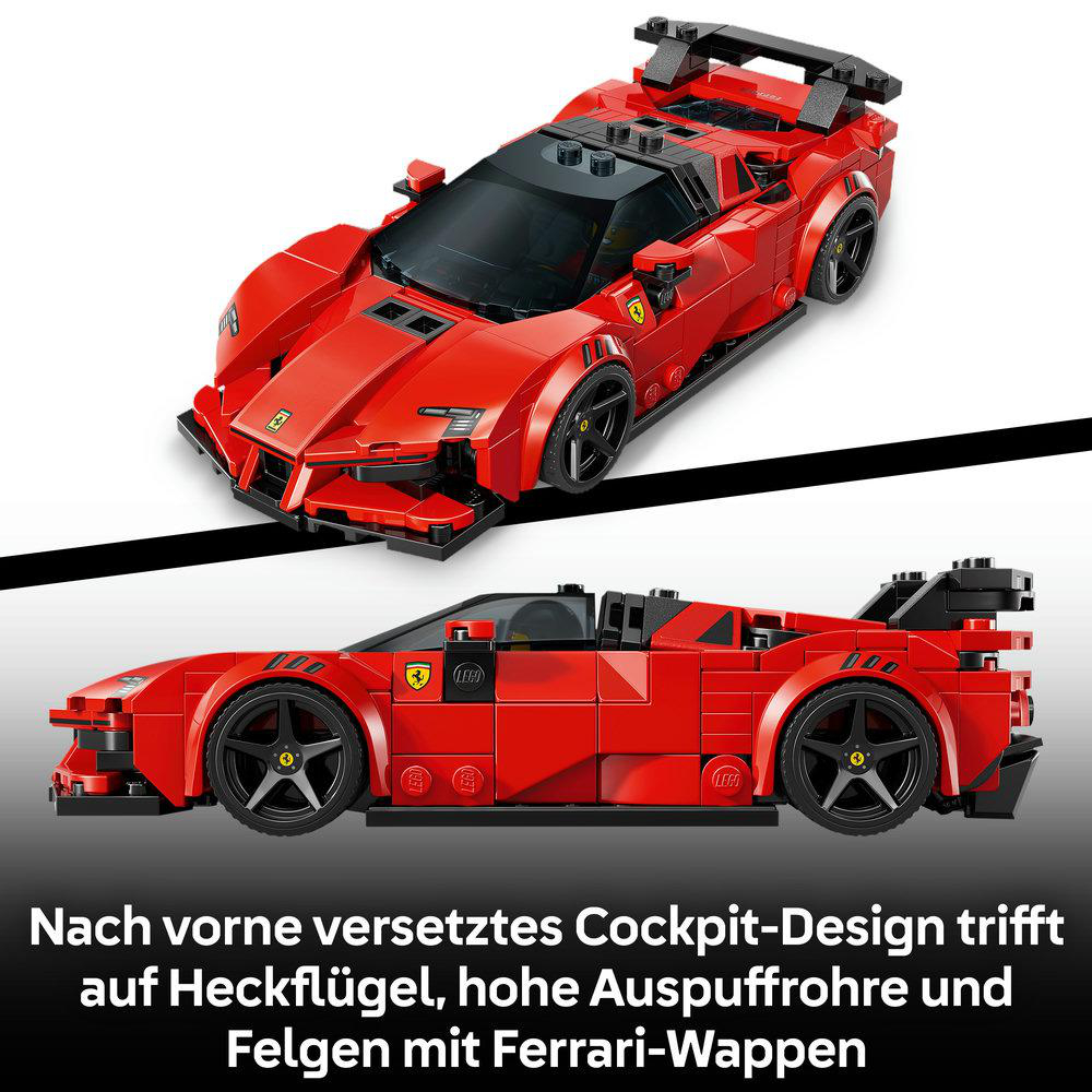 Zwei rote Lego Ferrari Modelle mit Heckflügeln und Ferrari-Wappen.