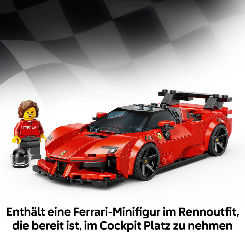 Ein roter Ferrari Rennwagen mit Minifigur und Helm.