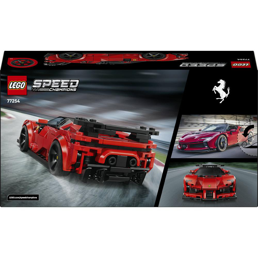 Rotes LEGO Speed Champions Ferrari-Auto auf Rennstrecke.