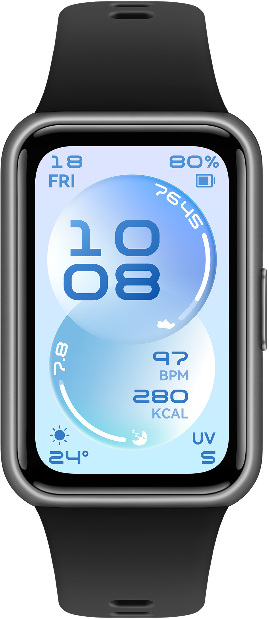Szara smartwatcz z niebieskim ekranem: czas, data, tętno, kalorie, temp, UV.