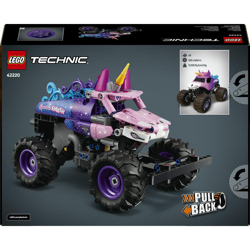 Ein violetter und pinker Lego Technic Monster-Truck mit Einhorn-Motiv und der Aufschrift 'Sparkle Smash'.